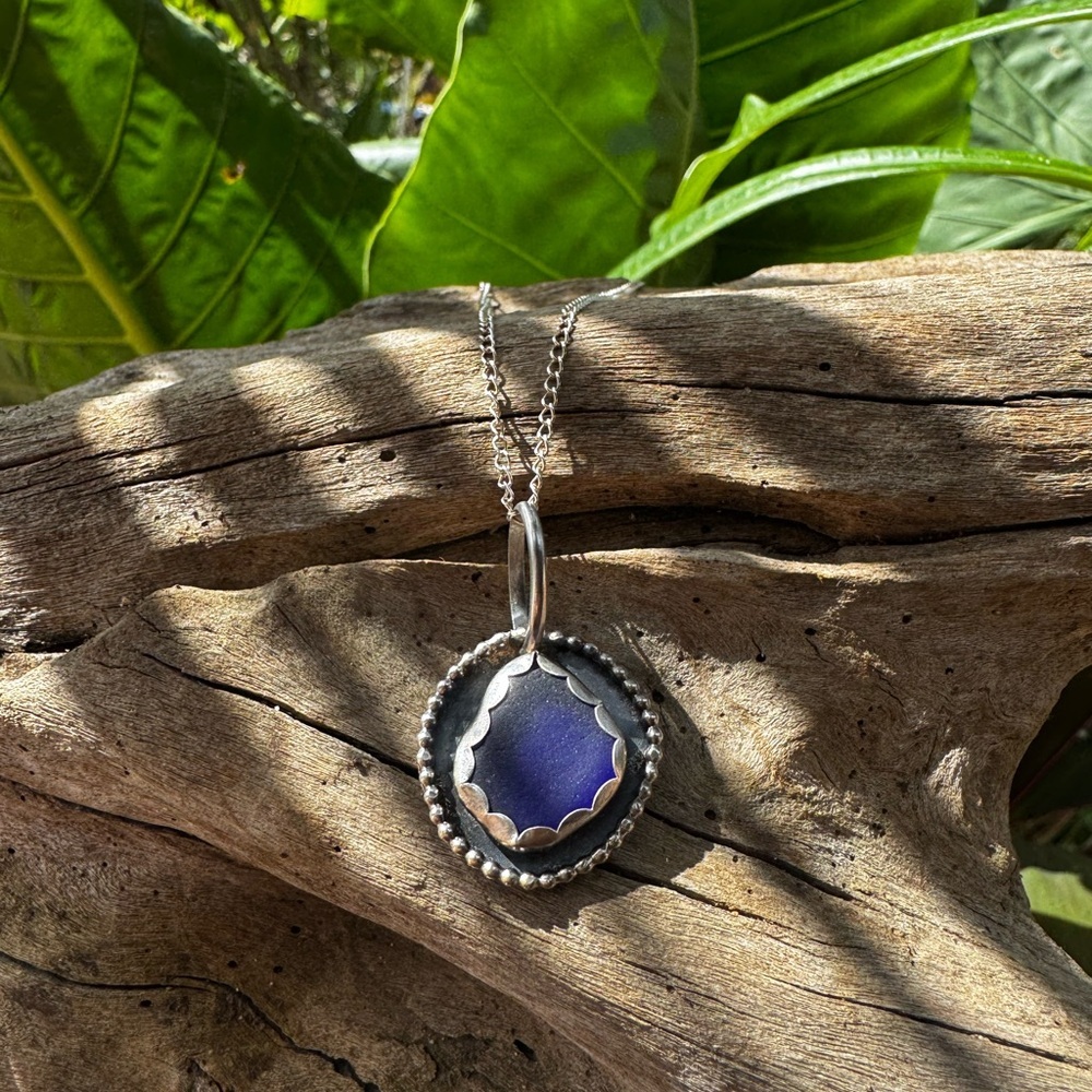 Cobalt blue sea glass Handmade 995 925 sterling silver soldered necklace - Picture 3 of 6